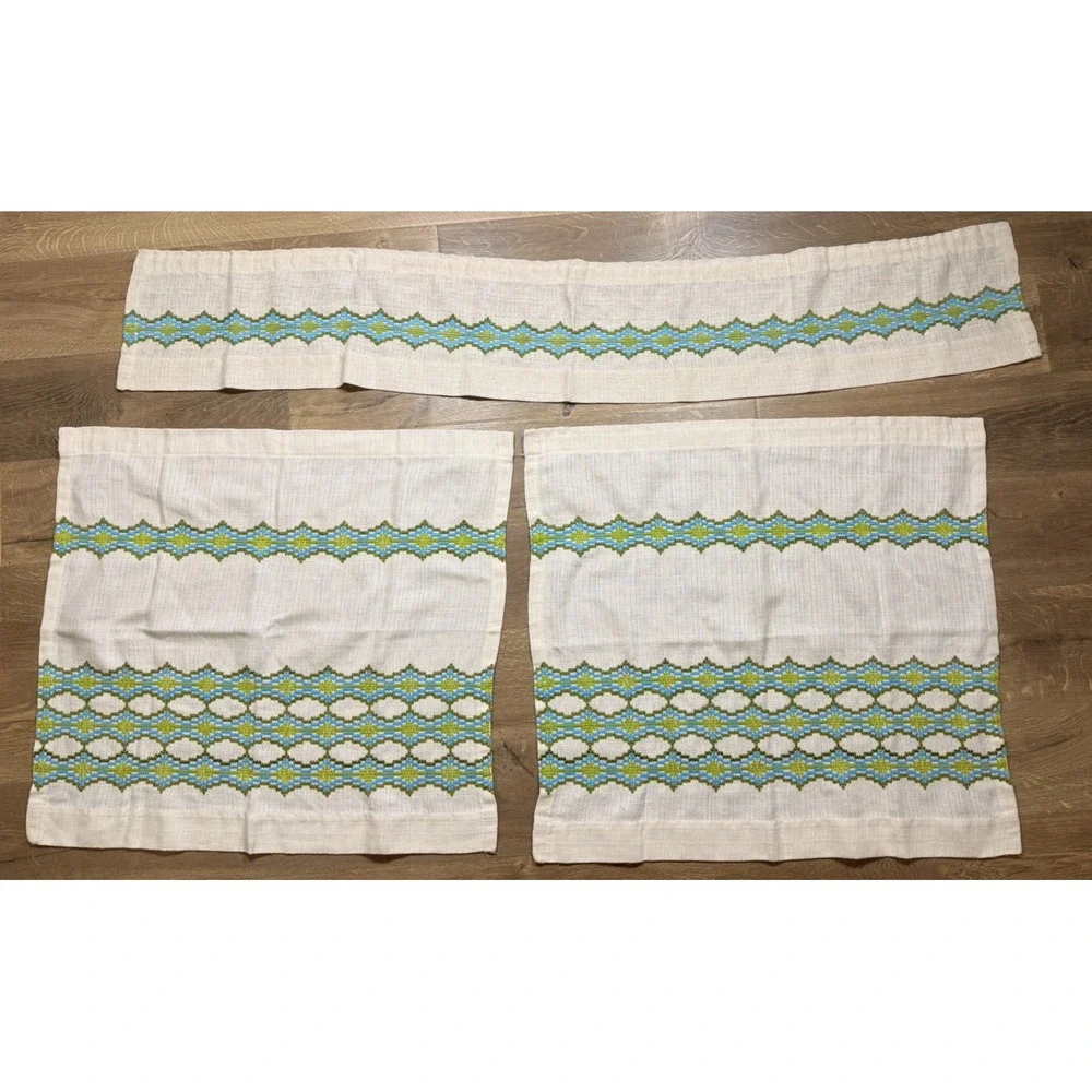 VTG JC Penny Embroidered Cafe Curtains & Valance Set Blue Green MCM 70's Groovy